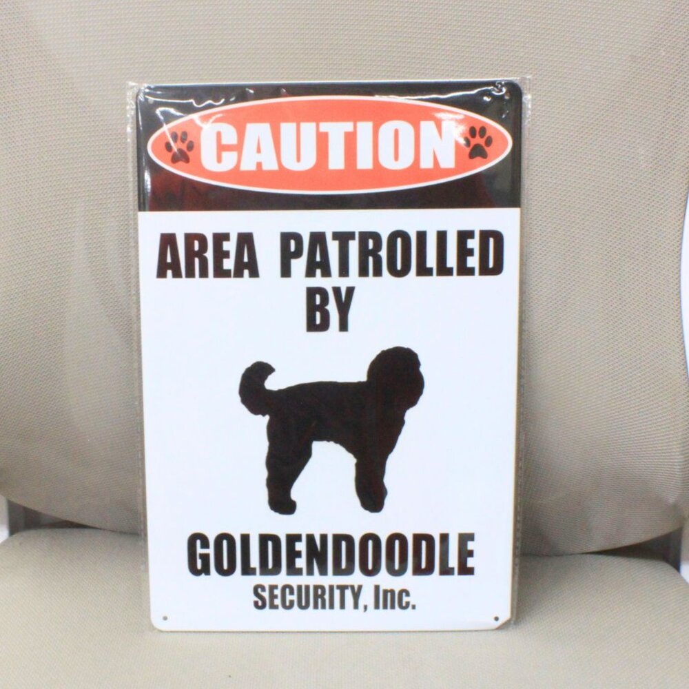 Funny Caution Area Patrolled by GoldenDoodle Security 8x12 Metal Wall Sign